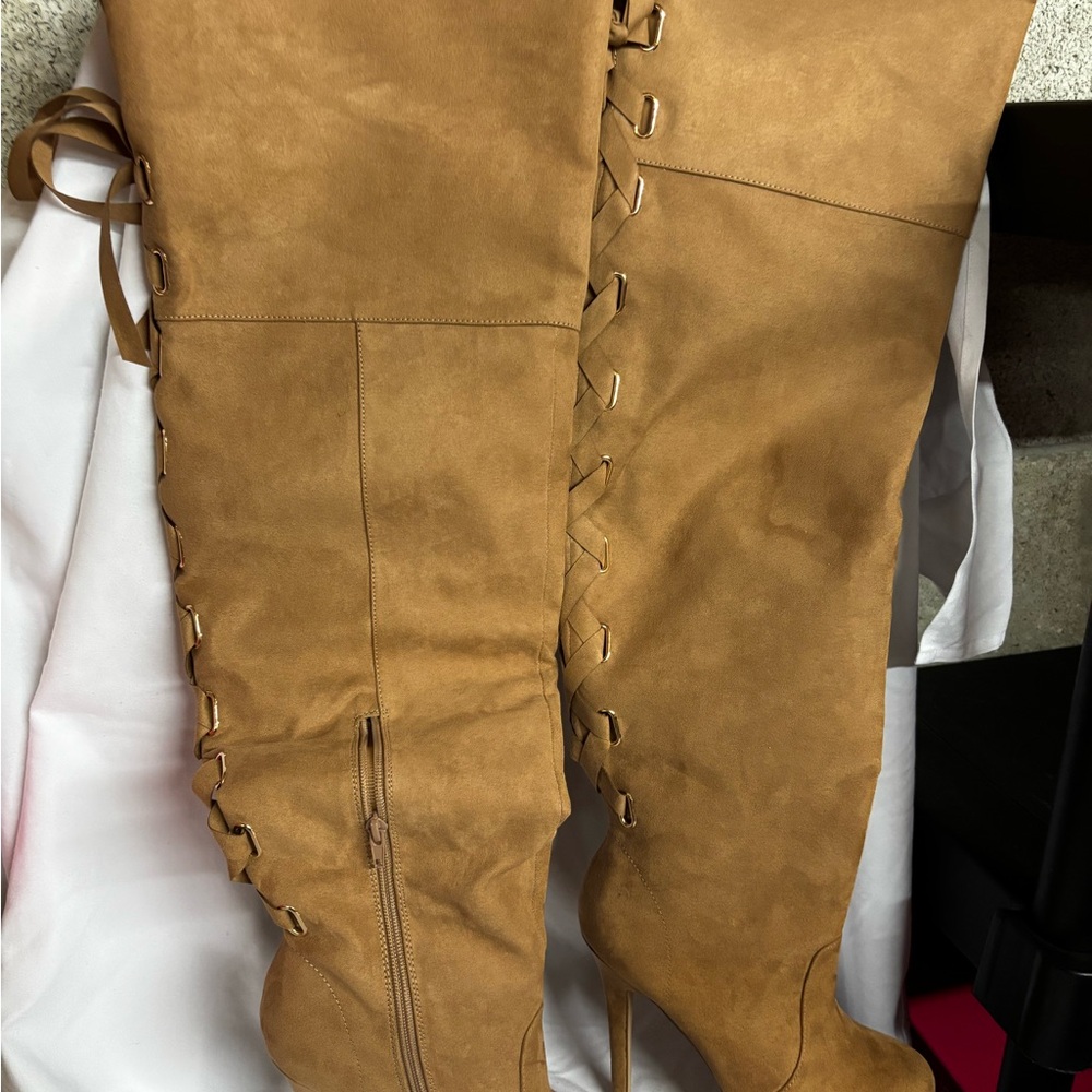 Tan Slouchy Heeled Boots with Suede Finish